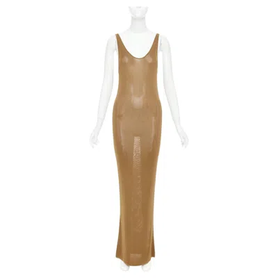 Pre-owned Saint Laurent 2022 Brown Slinky Scoop Neck Sheer Knit Maxi Dress Xs