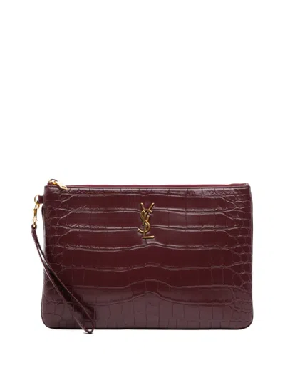 Pre-owned Saint Laurent 2022 Croc Embossed Calfskin Monogram Tablet Pouch Clutch Bag In Red