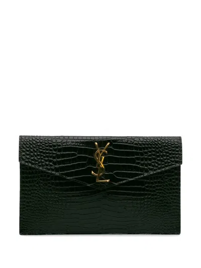 Pre-owned Saint Laurent 2022 Croc Embossed Leather Uptown Pouch Clutch Bag