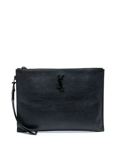 Pre-owned Saint Laurent 2022 Croc Embossed Monogram Zip Pouch Clutch Bag In Black
