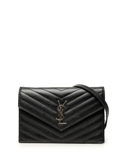 Pre-owned Saint Laurent 2022 Grain De Poudre Cassandre Envelope Chain Wallet Crossbody Bag In Black