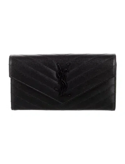 Pre-owned Saint Laurent 2022 Grain De Poudre Chevron Matelassé Wallet In Black