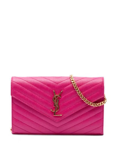 Pre-owned Saint Laurent 2022 Grain De Poudre Chevron Monogram Envelope Chain Wallet Crossbody Bag In Pink