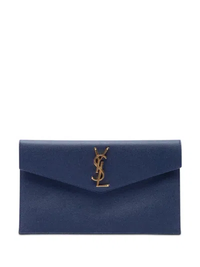 Pre-owned Saint Laurent 2022 Grain De Poudre Uptown Pouch Clutch Bag In Blue