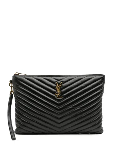 Pre-owned Saint Laurent 2022 Leather Chevron Monogram Document Holder Clutch Bag In Black
