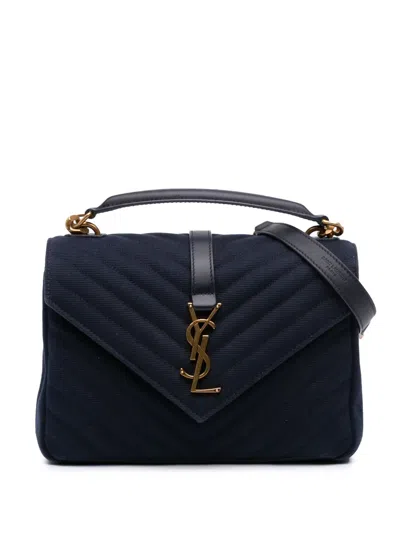 Pre-owned Saint Laurent 2022 Medium Canvas Chevron Monogram College Satchel In Blue
