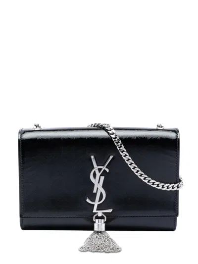 Pre-owned Saint Laurent 2022 Medium Chevron Patent Monogram Kate Tassel Crossbody Bag In Black