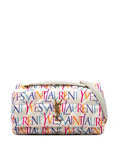 Pre-owned Saint Laurent 2022 Medium Silk Carre Rive Gauche Print Patchwork Jamie Shoulder Bag In White