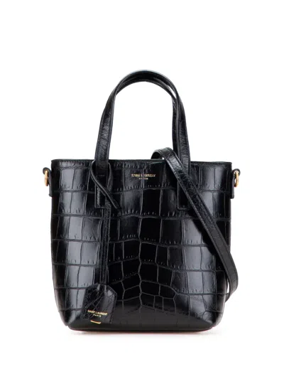 Pre-owned Saint Laurent 2022 Mini Toy Embossed Leather Shopping Tote Satchel In Black