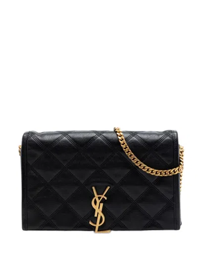 Pre-owned Saint Laurent 2022 Quilted Diamond Lambskin Becky Wallet On Chain Crossbody Bag In Black