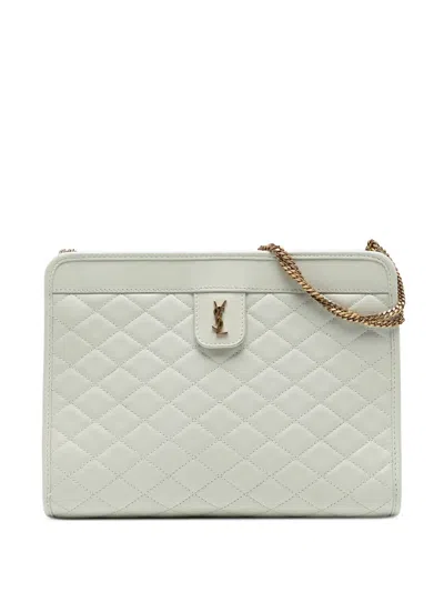 Pre-owned Saint Laurent 2022 Quilted Lambskin Monogram Baby Victoire Clutch On Chain Shoulder Bag In White