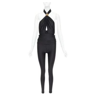 Pre-owned Saint Laurent 2022 Runway Black Gold Metal Brooch Halter Cutout Jumpsuit Sz.1 Xs