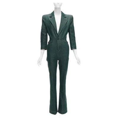Pre-owned Saint Laurent 2022 Runway Blue Denim Pocketed Power Shoulder Jumpsuit Fr34 Xs