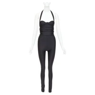 Pre-owned Saint Laurent 2022 Runway Halter Sweetheart Ruched Bodice Catsuit Bodysuit Sz2 M In Black