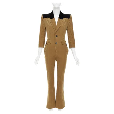 Pre-owned Saint Laurent 2022 Runway Peak Lapel Brown Cotton Corduroy Black Jumpsuit Fr34