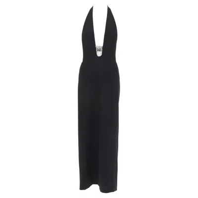 Pre-owned Saint Laurent 2022 Runway Plunge Neck Crystal Brooch Low Back Wool Dress Fr40 L In Black