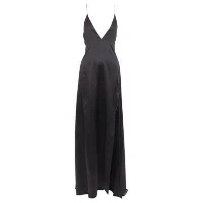 Pre-owned Saint Laurent 2022 Runway Silk Plunge Neck Dipped Back High Slit Slip Gown Fr40 In Black