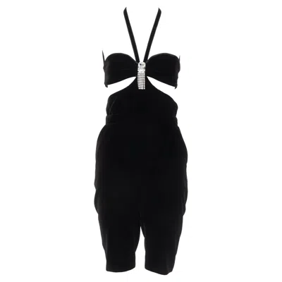 Pre-owned Saint Laurent 2022 Runway Velvet Crystal Brooch Cut Out Romper Playsuit Fr36 S In Black