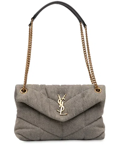Pre-owned Saint Laurent 2022 Small Denim Loulou Puffer Shoulder Bag In Gray