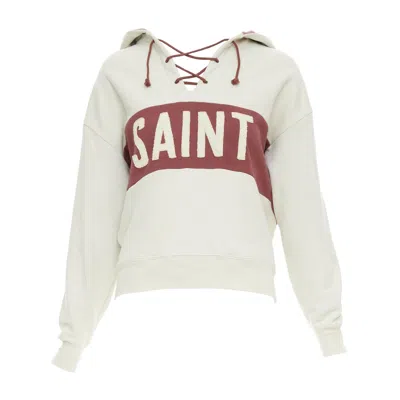 Pre-owned Saint Laurent 2022 Taupe Red Logo Applique Drawstring Crop Hoodie Xs