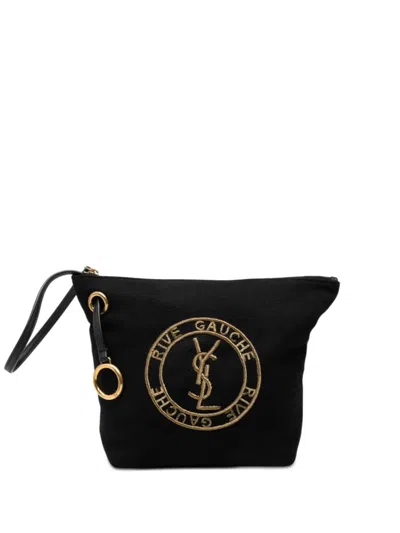 Pre-owned Saint Laurent 2022 Wool Embroidered Rive Gauche Pouch Clutch Bag In Black