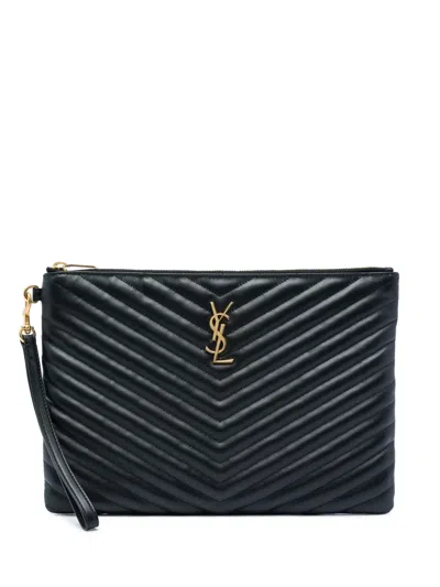 Pre-owned Saint Laurent 2023 Chevron Calfskin Monogram Tablet Pouch Clutch Bag In Black