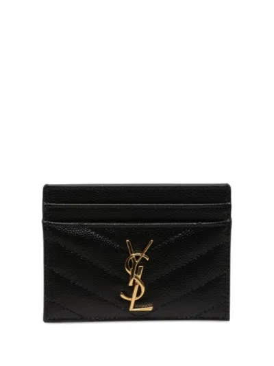 Pre-owned Saint Laurent 2023 Chevron Grain De Poudre Cassandre Card Holder In Black