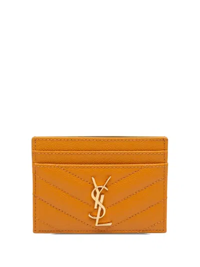 Pre-owned Saint Laurent 2023 Chevron Grain De Poudre Cassandre Card Holder In Yellow