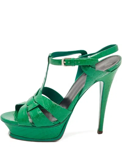 Pre-owned Saint Laurent 2023 Croc-embossed Tribute Sandals In Green