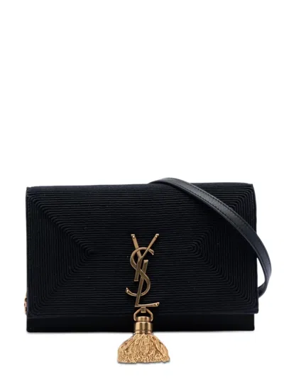 Pre-owned Saint Laurent 2023 Embroidered Satin Monogram Kate Tassel Wallet On Chain Crossbody Bag In Black