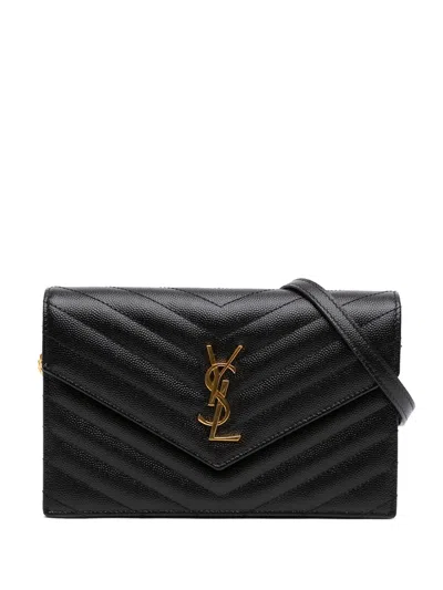Pre-owned Saint Laurent 2023 Grain De Poudre Chevron Cassandre Envelope Chain Wallet Crossbody Bag In Black