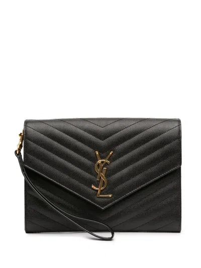 Pre-owned Saint Laurent 2023 Grain De Poudre Matelasse Cassandre Flap Pouch Clutch Bag In Black
