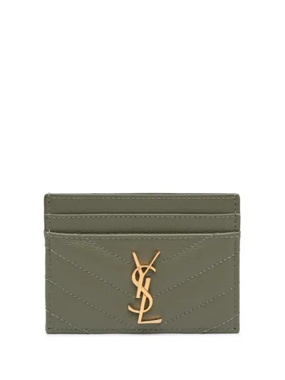 Pre-owned Saint Laurent 2023 Grain De Poudre Matelasse Chevron Cassandre Card Holder In Green