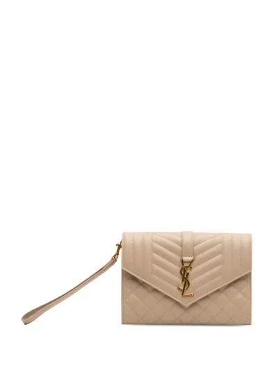 Pre-owned Saint Laurent 2023 Grain De Poudre Mix Matelasse Envelope Flap Pouch Clutch Bag In Brown