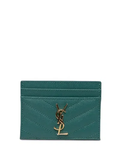 Pre-owned Saint Laurent 2023 Grain De Poudre Monogram Cassandre Case Card Holder In Green