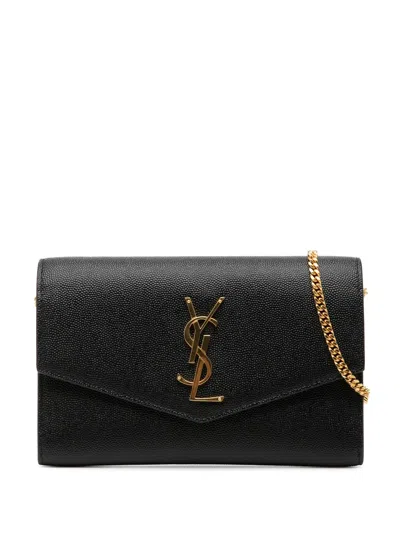 Pre-owned Saint Laurent 2023 Grain De Poudre Uptown Chain Wallet Crossbody Bag In Black