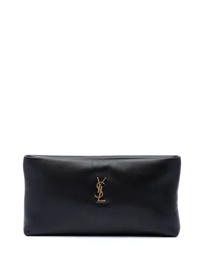 Pre-owned Saint Laurent 2023 Lambskin Monogram Long Calypso Zipped Pouch Clutch Bag In Black