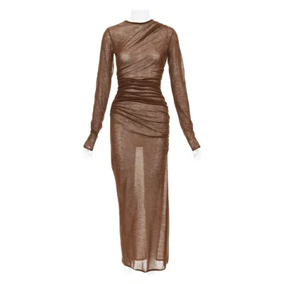 Pre-owned Saint Laurent 2023 Marron Brown Sheer Wool Blend Knit Side Ruched Midi Dress S