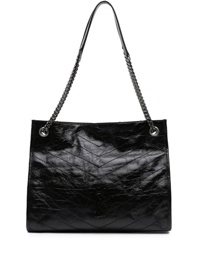 Pre-owned Saint Laurent 2023 Medium Crinkled Calfskin Monogram Niki Shopper Tote Bag In Black