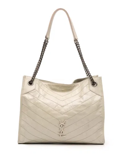 Pre-owned Saint Laurent 2023 Medium Crinkled Calfskin Monogram Niki Shopper Tote Bag In White