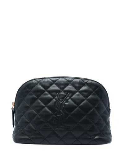 Pre-owned Saint Laurent 2023 Quilted Lambskin Cassandre Cosmetic Pouch In Black