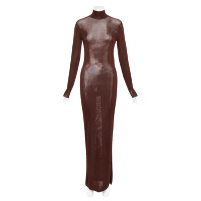 Pre-owned Saint Laurent 2023 Runway Chocolate Brown Mock Neck Sheer Knit Maxi Dress Xs