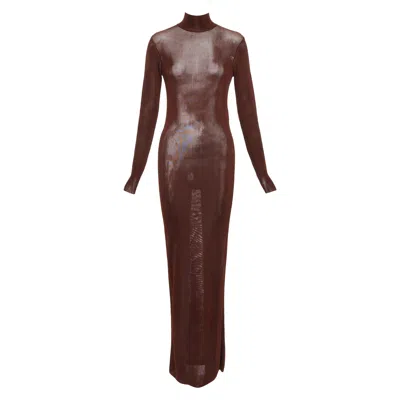 Pre-owned Saint Laurent 2023 Runway Chocolate Dark Brown Mock Neck Sheer Knit Maxi Dress S
