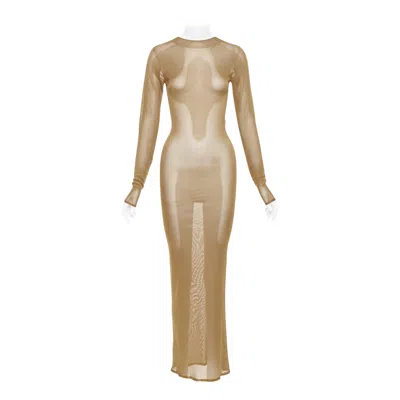 Pre-owned Saint Laurent 2023 Runway High Neck Fine Knit Sheer Long Sleeve Maxi Dress S In Brown