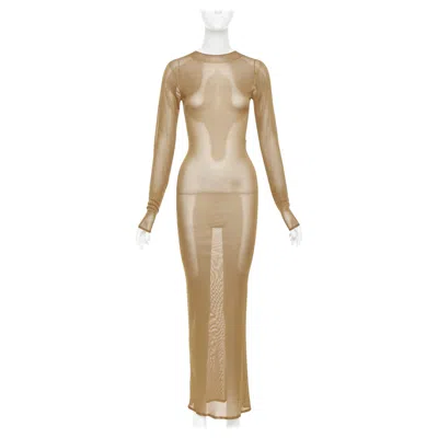 Pre-owned Saint Laurent 2023 Runway High Neck Fine Knit Sheer Long Sleeve Maxi Dress Xs In Brown