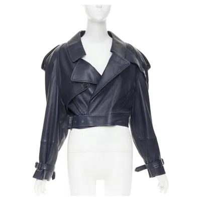 Pre-owned Saint Laurent 2023 Runway Navy Blue Lambskin Power Belted Cropped Biker Jacket