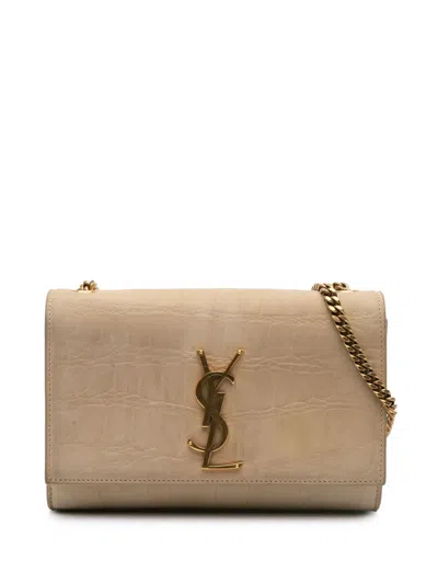 Pre-owned Saint Laurent 2023 Small Croc Embossed Nubuck Monogram Kate Crossbody Bag In Brown