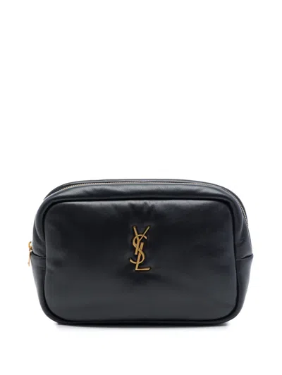 Pre-owned Saint Laurent 2023 Small Padded Lambskin Monogram Calypso Cosmetic Pouch In Black