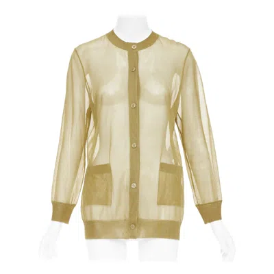 Pre-owned Saint Laurent 2024 100% Silk Beige Gold Sheer Crew Neck Cardigan Top L In Brown