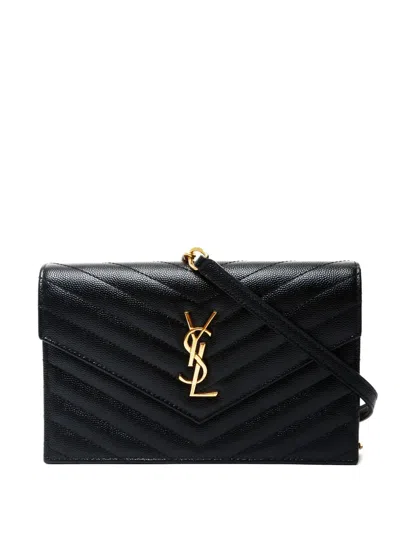 Pre-owned Saint Laurent 2024 Cassandre Envelope Chain Shoulder Bag In Black